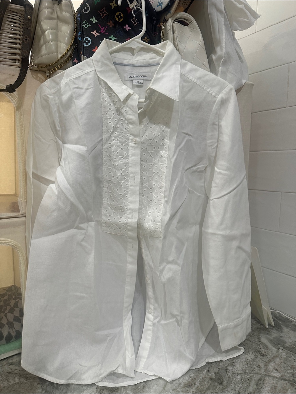 Liz Claiborne White Eyelet-Panel Button-Up Shirt